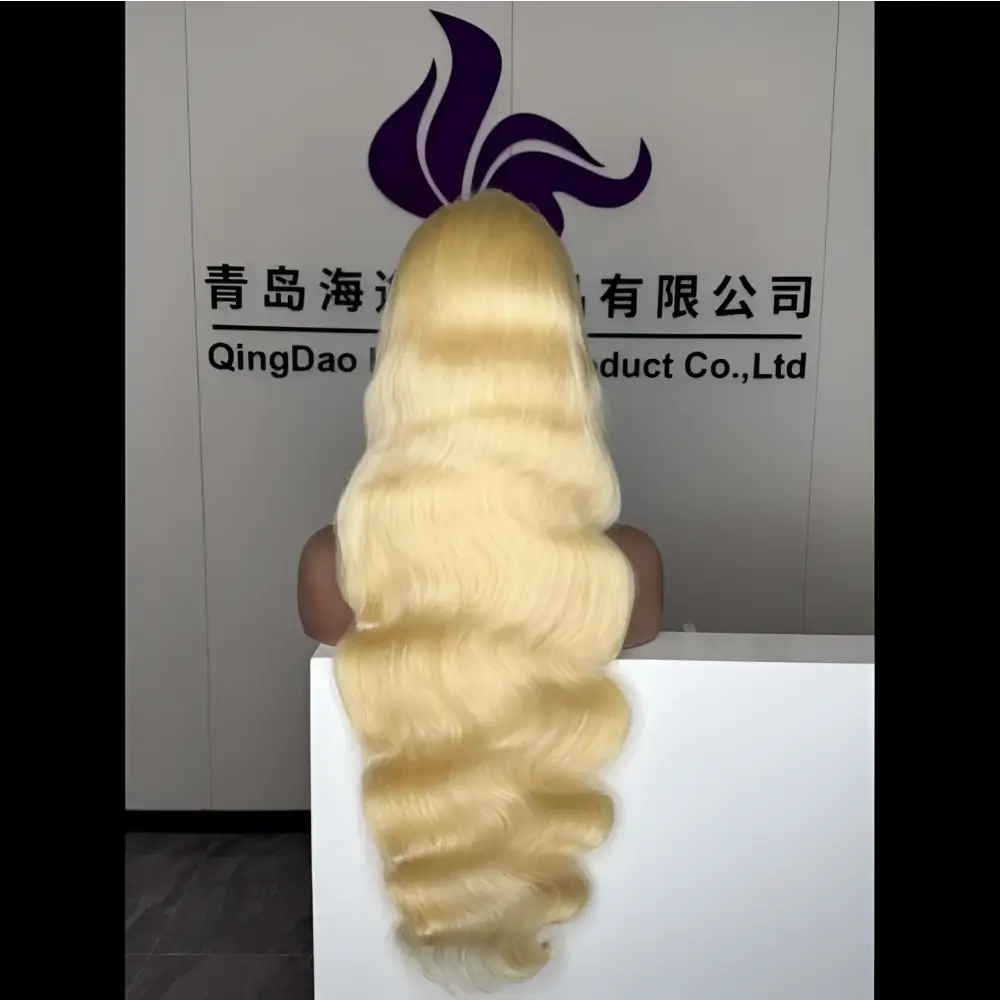 Blonde body wave 30 inch hd 13x4 human hair wig displayed on a mannequin head for natural styling use