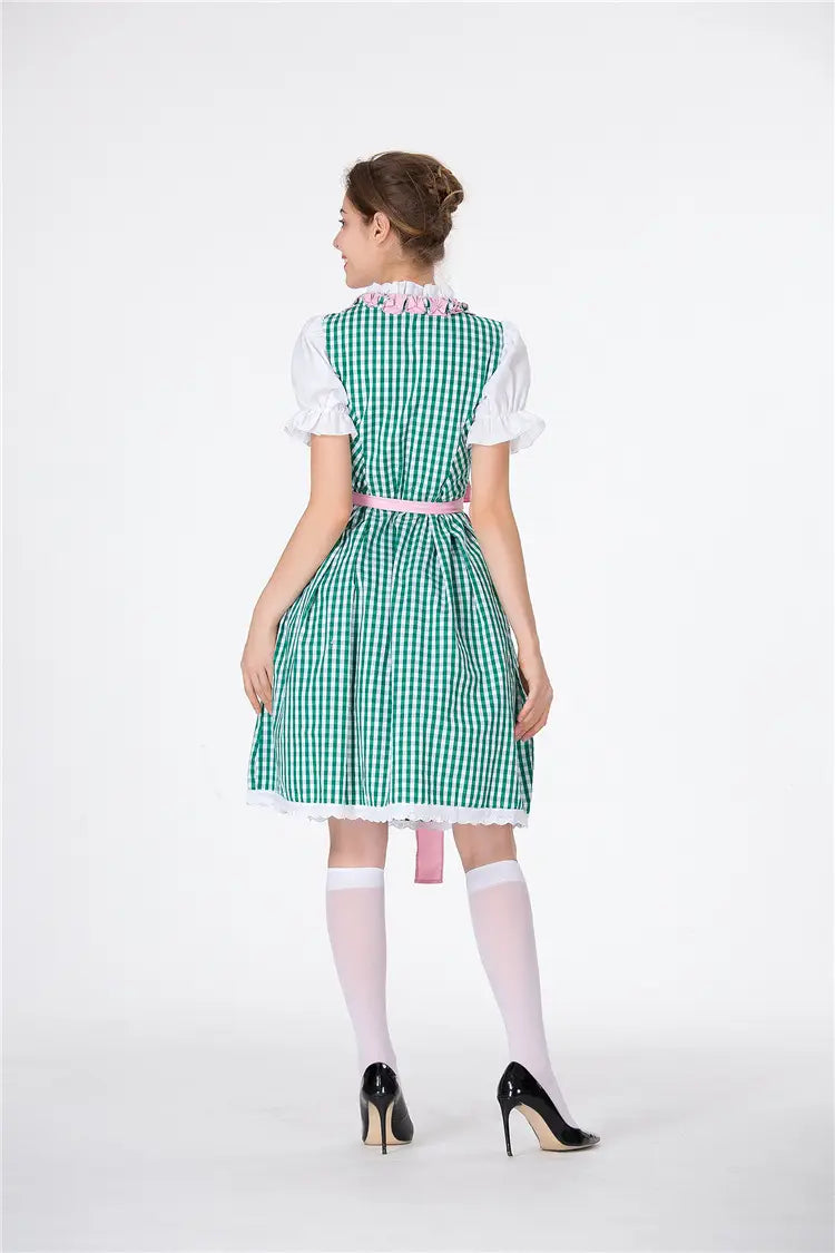 green and white checkered dirndl dress with pink trim lace collar and matching belt for german beer festival clothing and american german beer celebrations