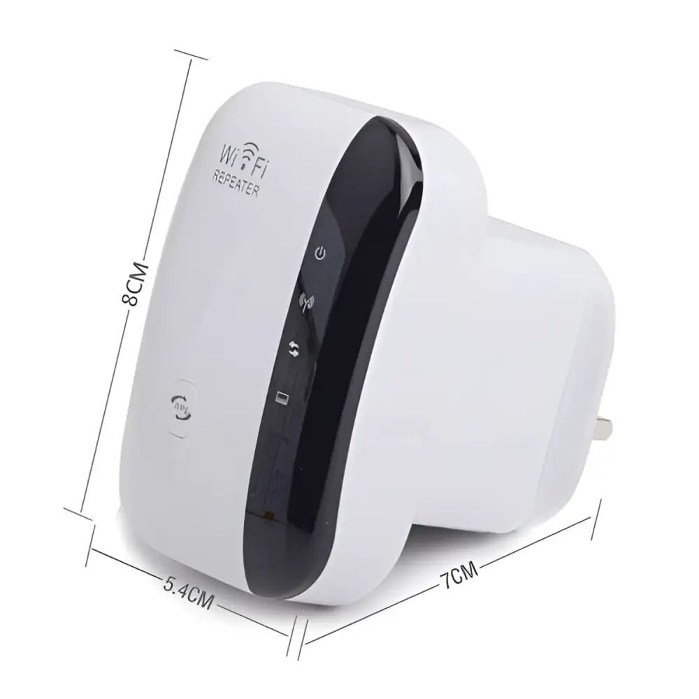 White plastic 300m wifi repeater wireless network extender with black side panel and five green led lights for wireless network coverage