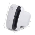 White plastic 300m wifi repeater with black curved panel and indicator lights for wireless network extender coverage