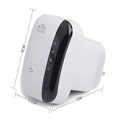 White plastic 300m wifi repeater with black curved panel and indicator lights for wireless network extender coverage