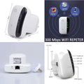 White and black 300m wifi repeater plug-in wireless network extender designed to improve wireless network coverage