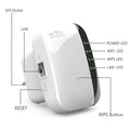 White plastic 300m wifi repeater with black trim and labeled led indicators for wireless network extender and coverage