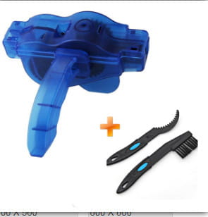 blue plastic bicycle cleaning tool set featuring a bike chain tool and two black cleaning brushes with large bristle and teal accents