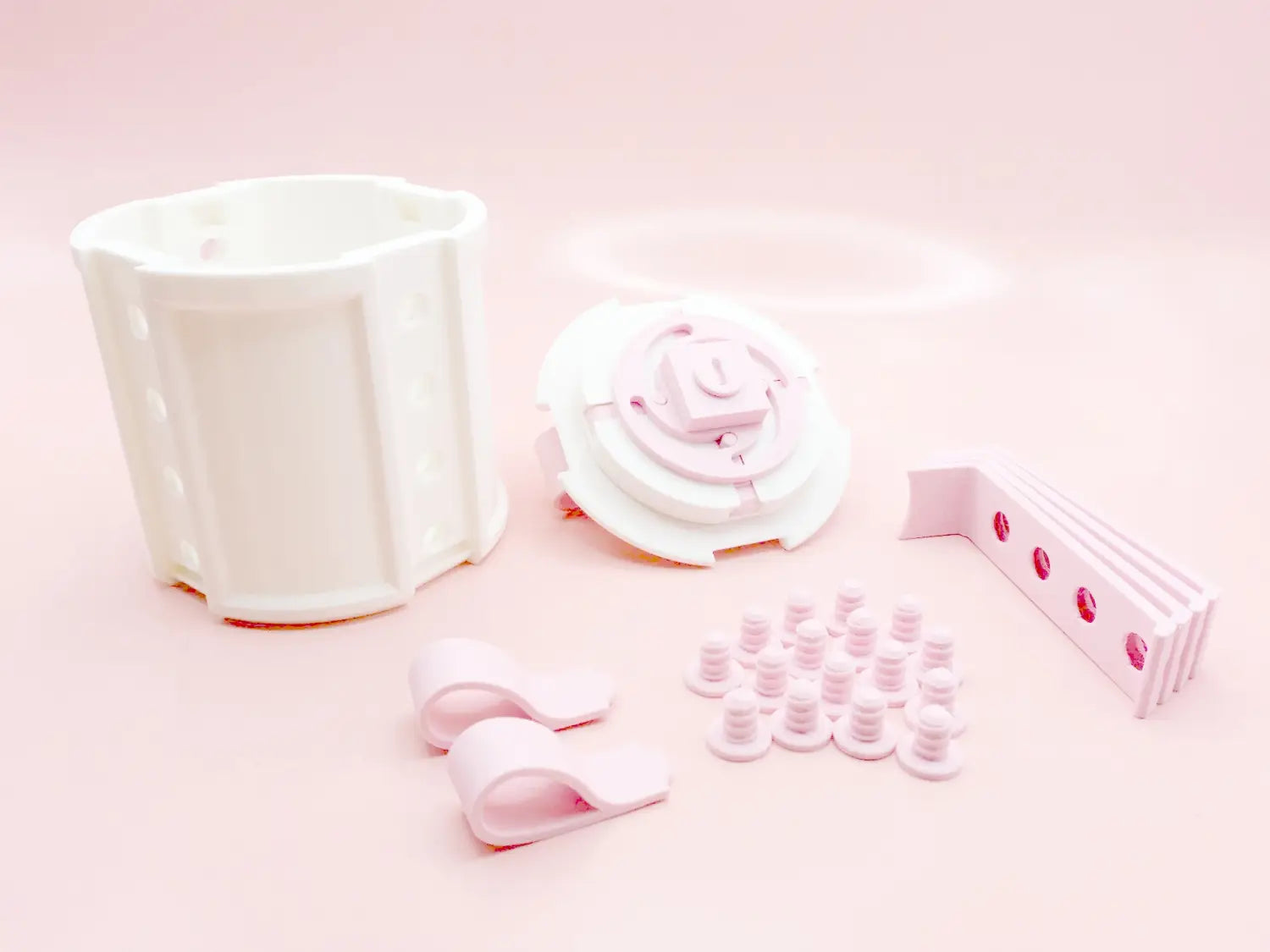 white plastic modular flower pot kit with pink accents and interchangeable parts designed as a creative bowknot pink and white valentine day gift box ideal for a day gift box.