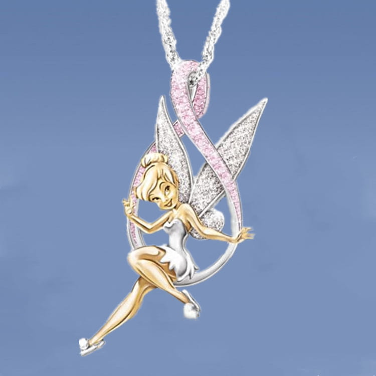 A delicate gold and silver tinker bell pendant with sparkling pink and clear crystal wings from the fairy series jewelry set suspended on a fine chain.