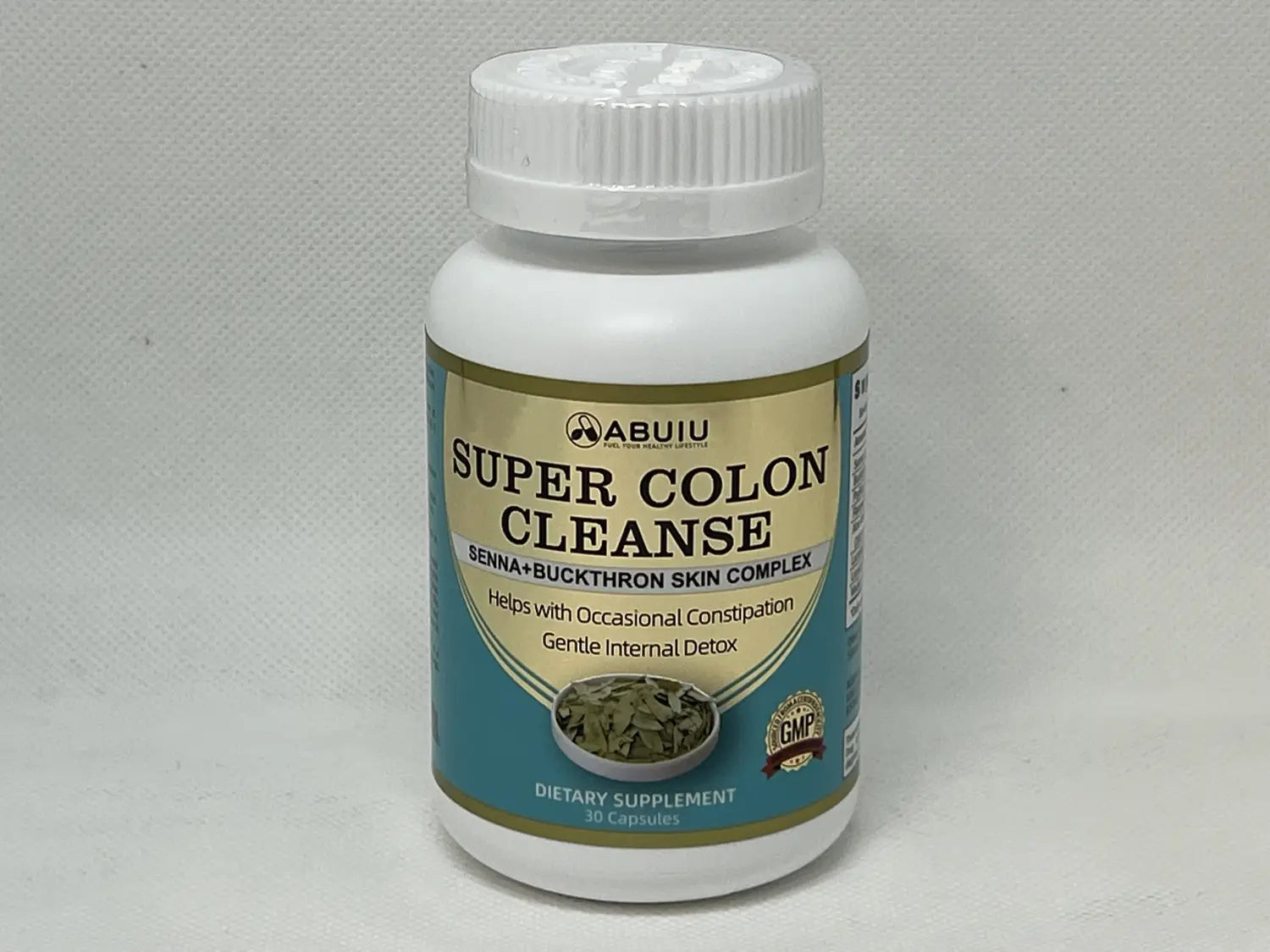 white plastic bottle of Abuiu super colon cleanse dietary supplement with teal and gold label and gmp seal containing 30 count cleanse capsules.