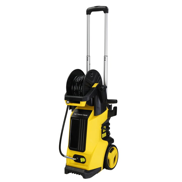 Yellow and black high pressure cleaning machine with a retractable hose reel, handle, and wheels for portable pressure cleaning.