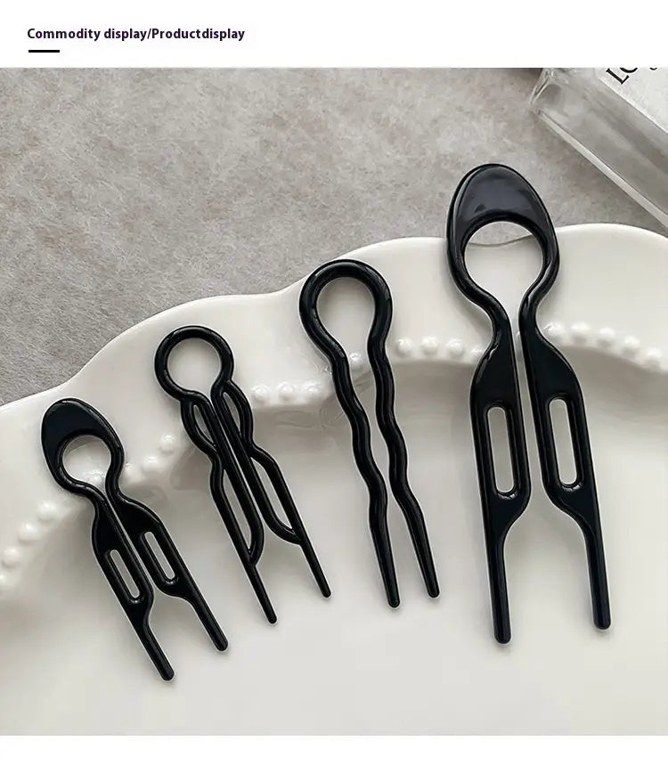 Set of five sleek black plastic hair clips with looped and fork-shaped designs for a tortoiseshell bun lazy updo gadget.