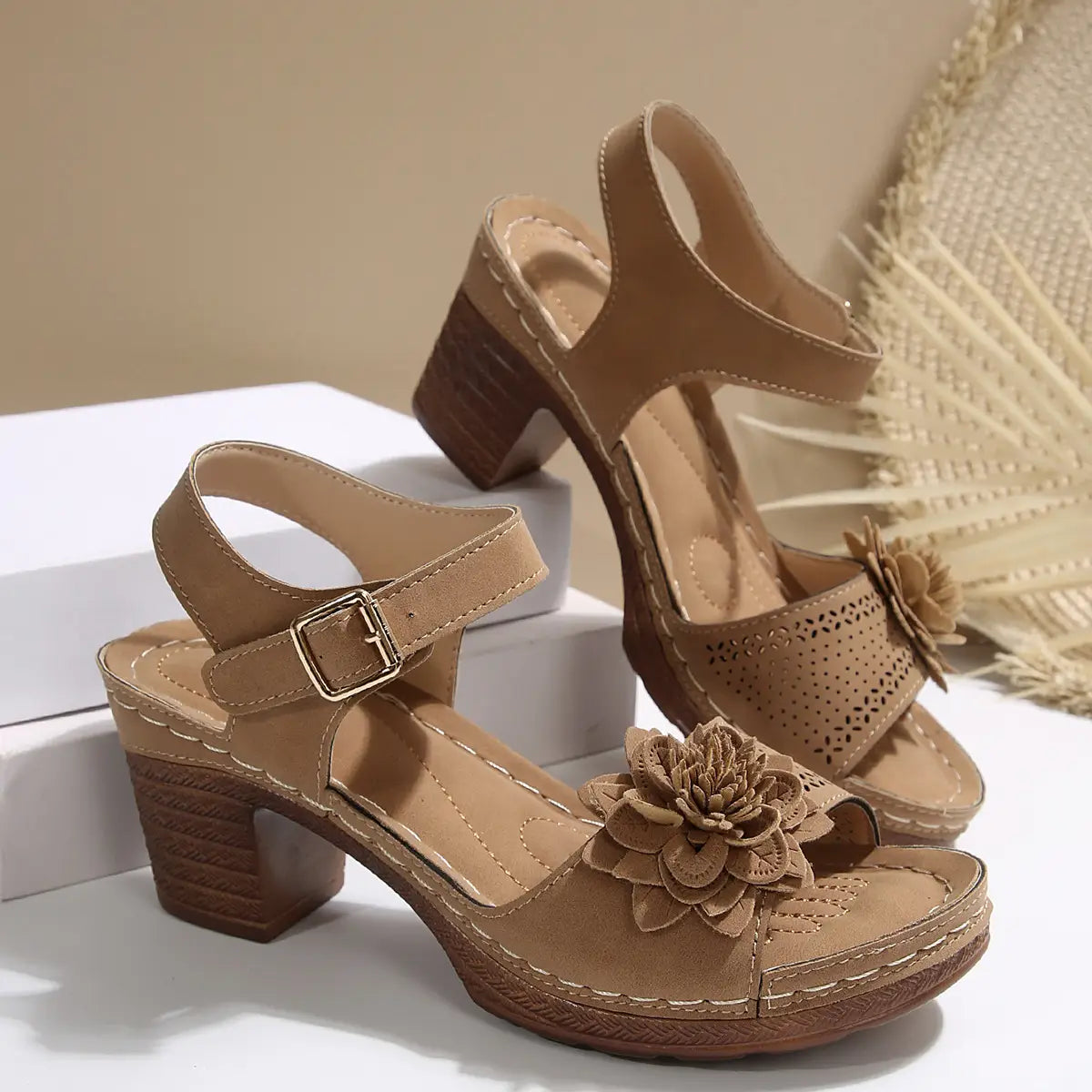 Beige tan suede chunky heel sandals with floral flowers embellishment suitable for heel sandals summer wear.