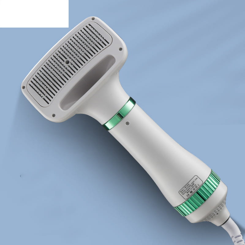 white 5-in-1 pet hair dryer with green accent rings and a comb-like attachment designed for one-key hair removal and efficient grooming.