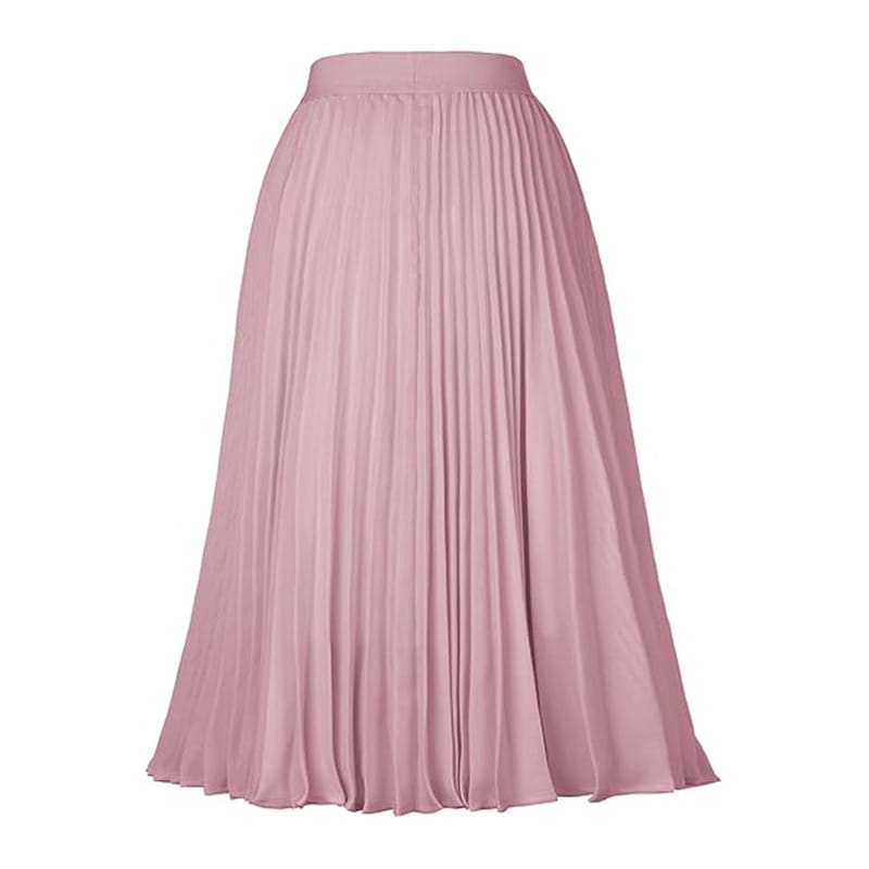 A soft pink pleated midi skirt with smooth flowing fabric and an elastic waistband designed as a large swing casual skirt.