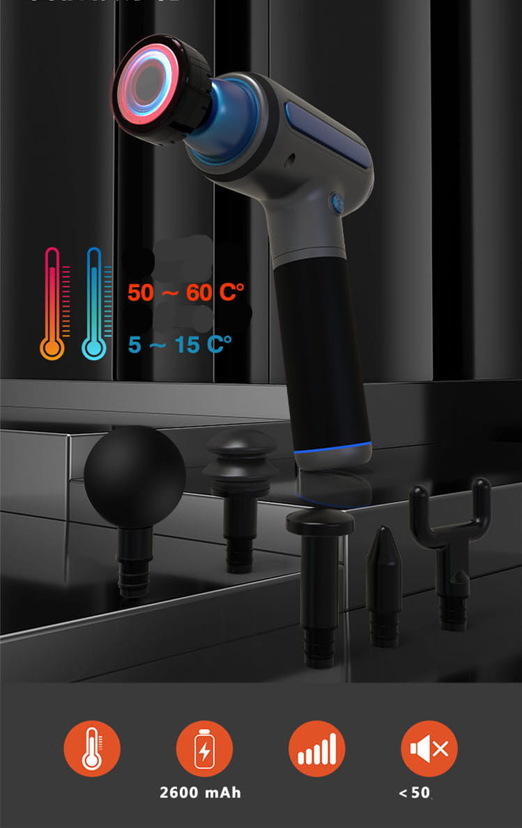 gray and black handheld muscle relaxation massager with hot compress feature and interchangeable attachments emitting glowing red and blue lights