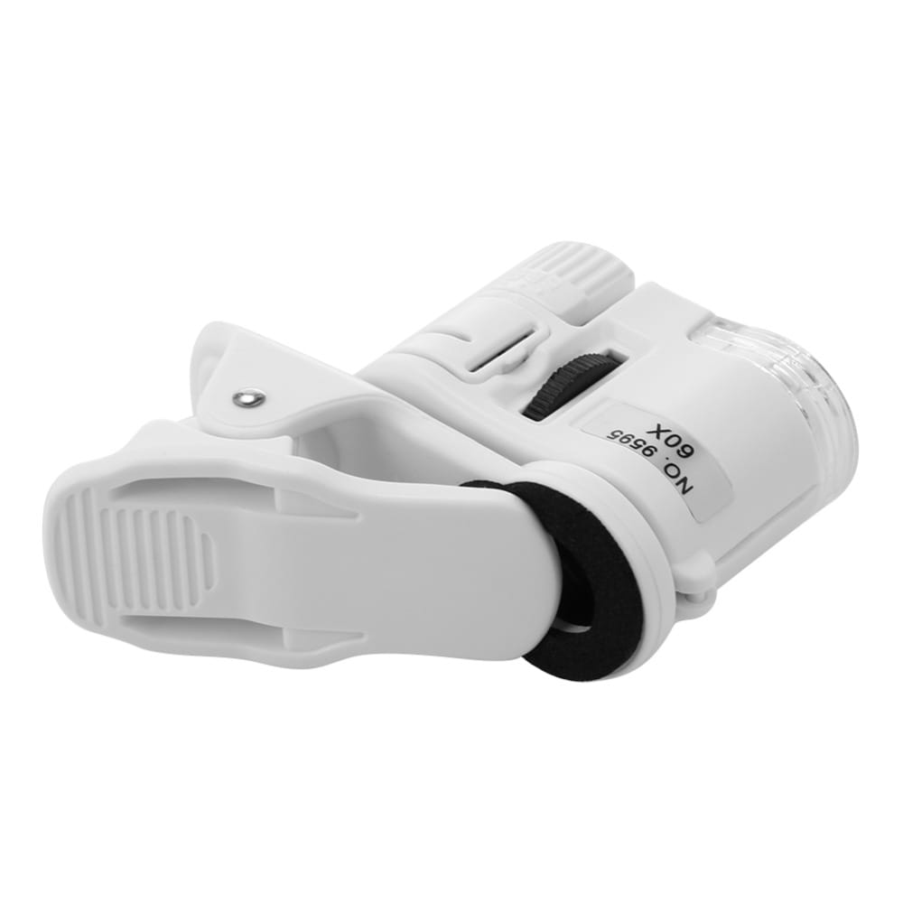 White plastic clip-style magnifying glass with black rubberized grip and clear lens for digital microscope camera with led light.