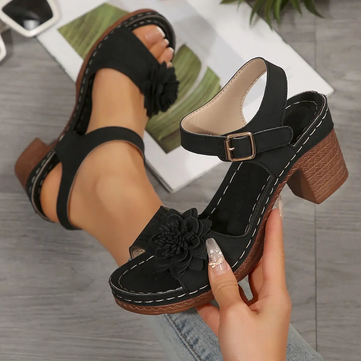 black suede chunky heel sandals with floral embellishment and brown block heel ideal for heel sandals summer wear