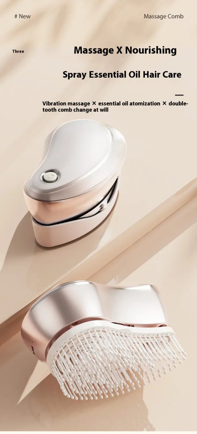 silver and rose gold dual-tooth electric spray massage comb with essential oil spray function for hair care spray and care spray massage