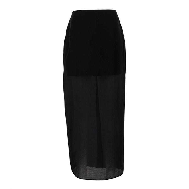 black midi skirt featuring a solid upper section and sheer lower panel with a high waist slit design in a waist slit sheath style