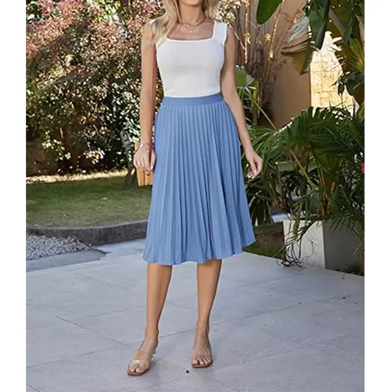 Light blue pleated midi skirt featuring a large swing design ideal for casual wear.