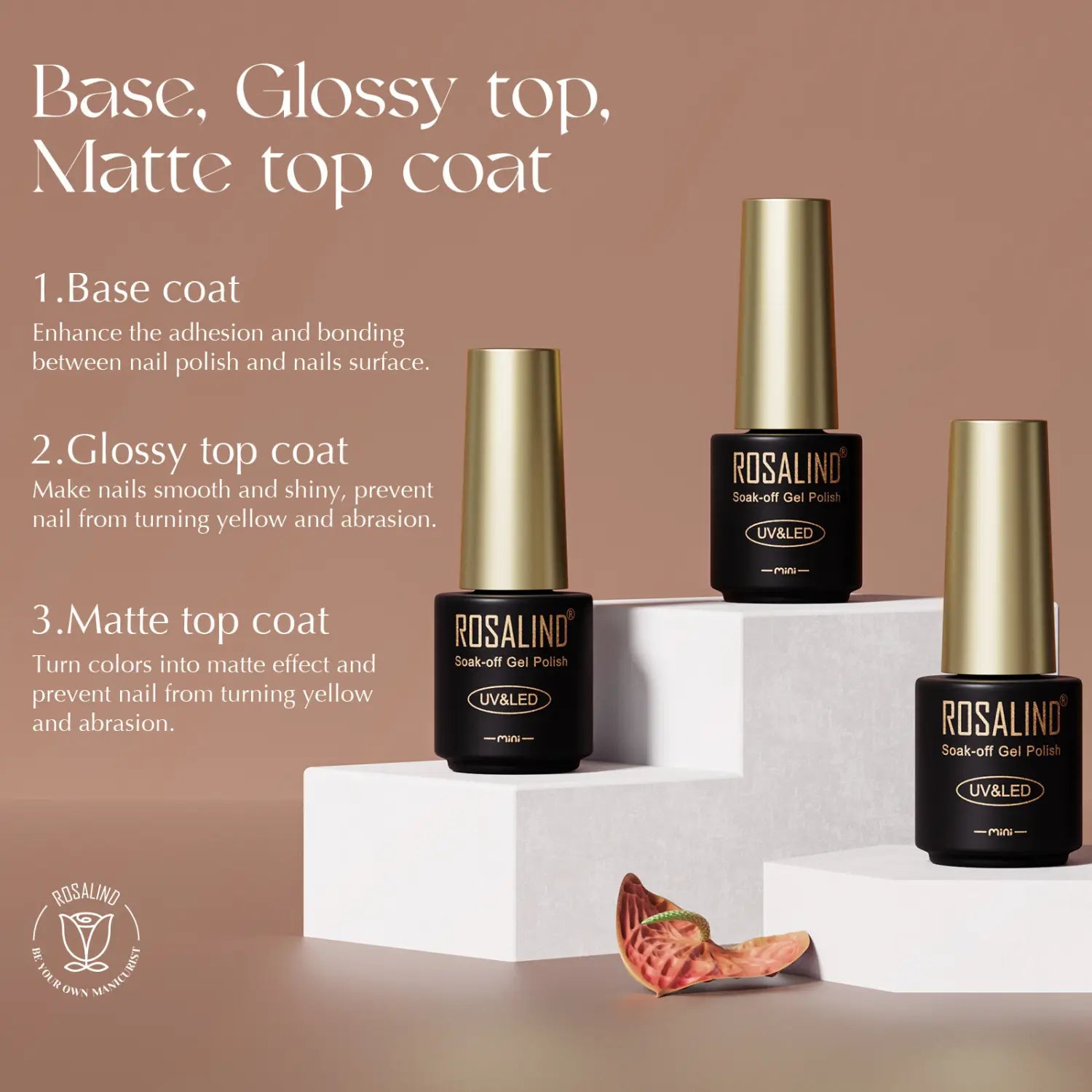 Three sleek black rosalind soak-off gel polish bottles with gold caps labeled base coat glossy top coat and matte top coat from the 38 piece gel polish set with 35 colors and glossy finish.