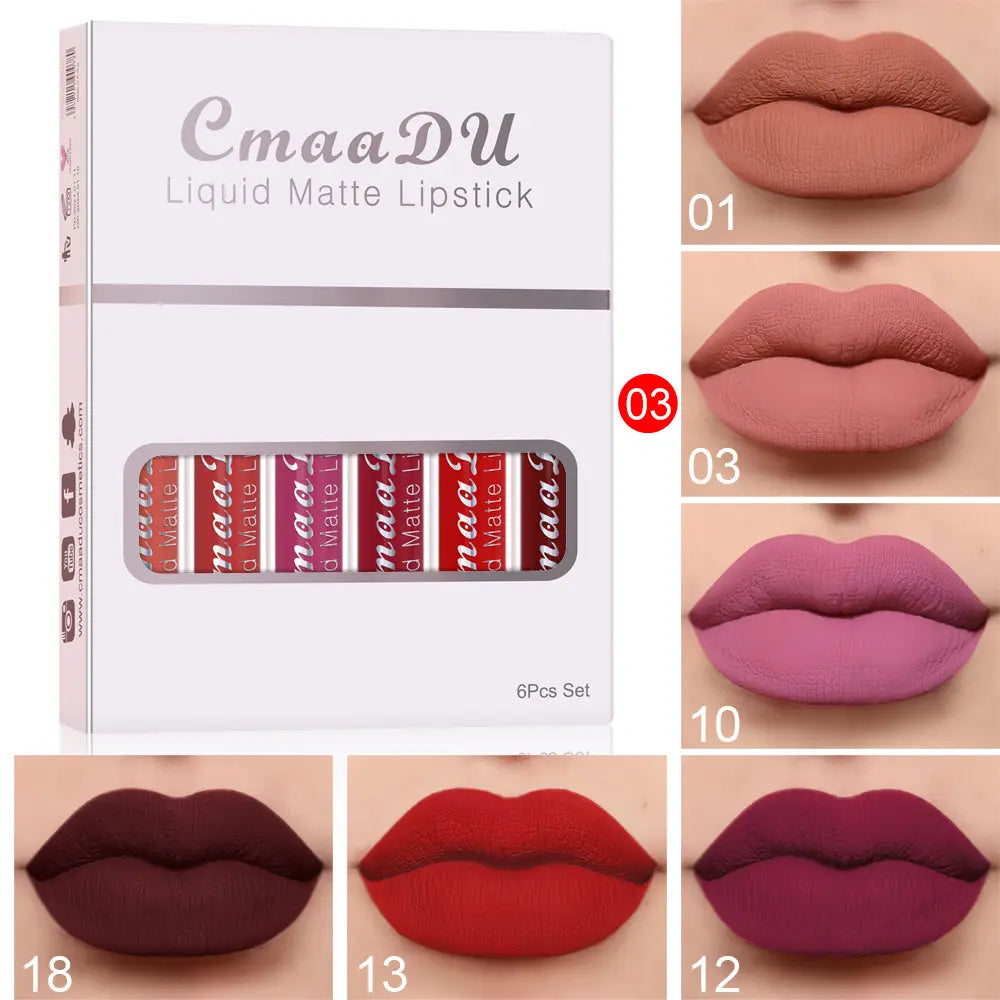 Cmaadu 6 piece matte waterproof lipstick long lasting set in a white box featuring six shades including nude rose and deep red tones for waterproof lipstick long wear.