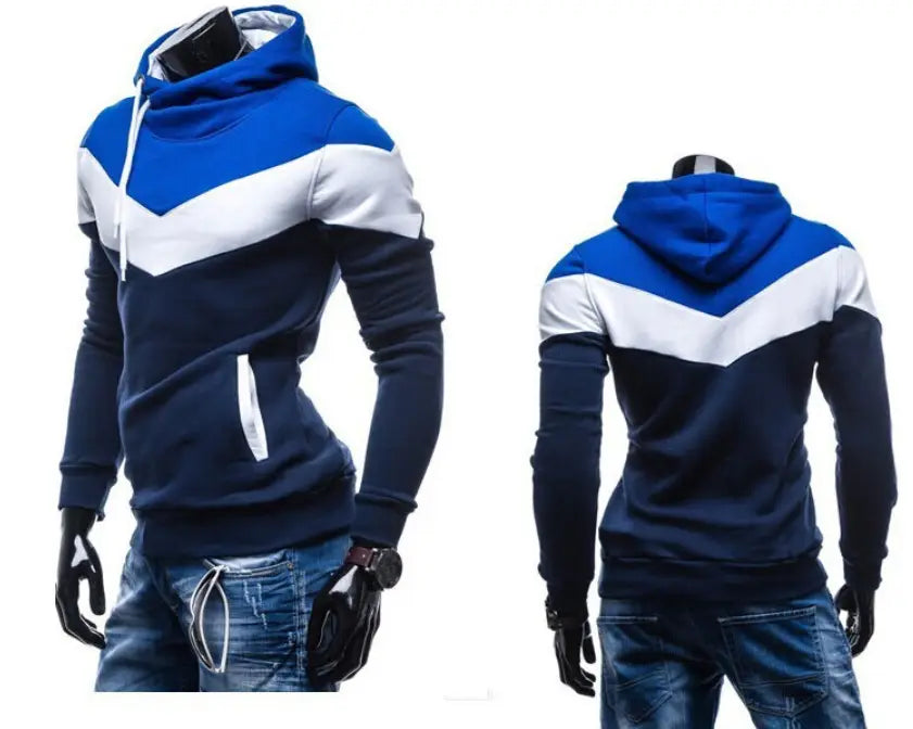 Blue and white color block men’s winter autumn designer hoodie with a v-shaped chest design made of soft fleece material