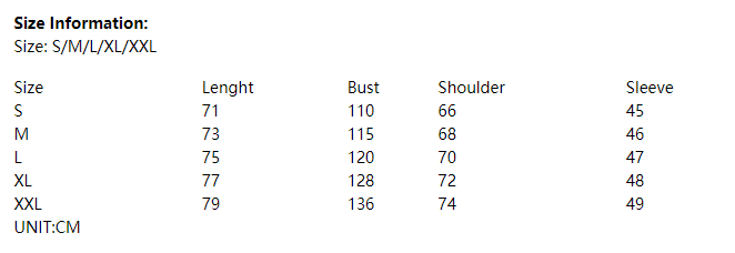 Size chart for navy dropped shoulder bat shirt casual long sleeve displaying measurements in centimeters for length bust shoulder and sleeve from size s to xxl.