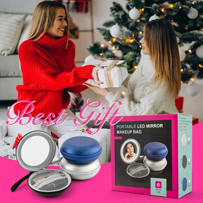Blue and silver round bag blue portable led mirror makeup case with circular design and built-in light.