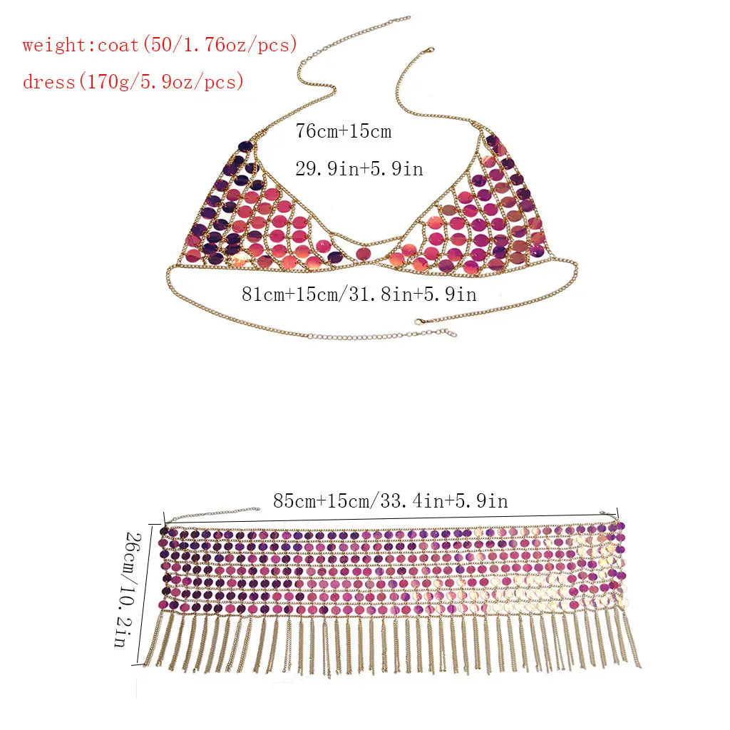 purple and pink sequined belly dance top with gold chain straps and matching fringe belt from the glorious sequin dress nightclub costume fringe set