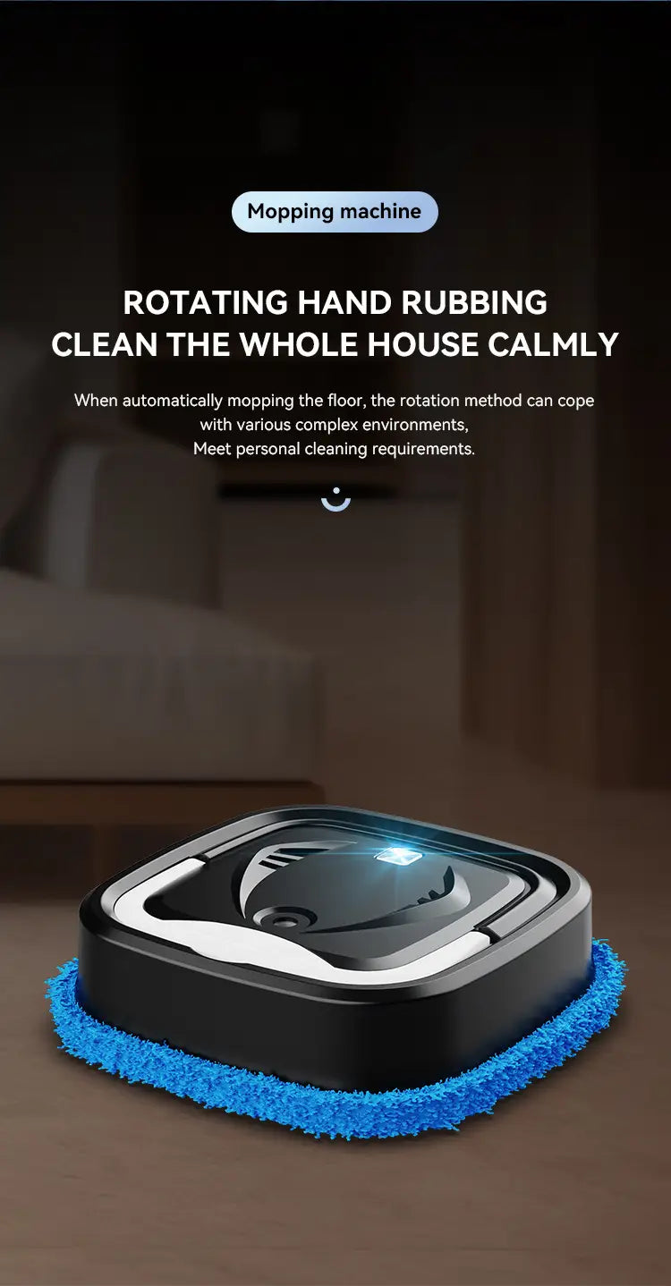 Smart home wet and dry humidifier mopping machine in black and silver with a blue microfiber mop head designed for efficient cleaning.