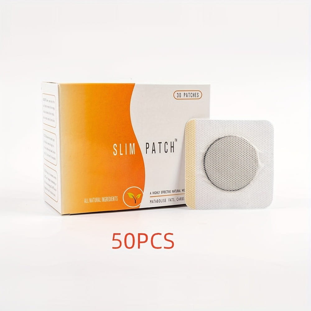 A white and orange box of magnetic slimming navel belly button belly button patch featuring a single patch with a circular mesh design for weight loss.