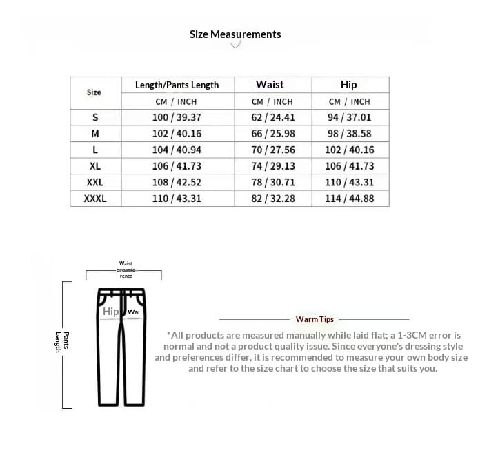 Size chart for white heart paw printed hoodie sets showing pants measurements in centimeters and inches from size s to xxxl with diagrams indicating hip waist and length dimensions and featuring a black logo on the printed hoodie.