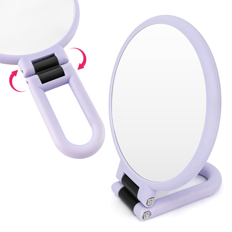 Lavender-colored foldable handle mirror purple with 10x magnifying feature and sleek rounded frame with black hinge mechanism.