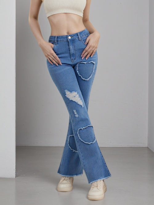 Women's light blue high-stretch flare jeans with heart embroidery – view 2