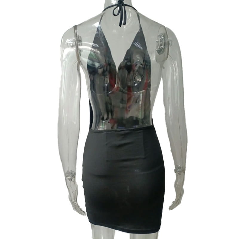 black ruched sling backless halter dress featuring a reflective metallic upper section and solid black lower skirt, showcasing the sling backless halter design ideal for dress temperament sling styles.