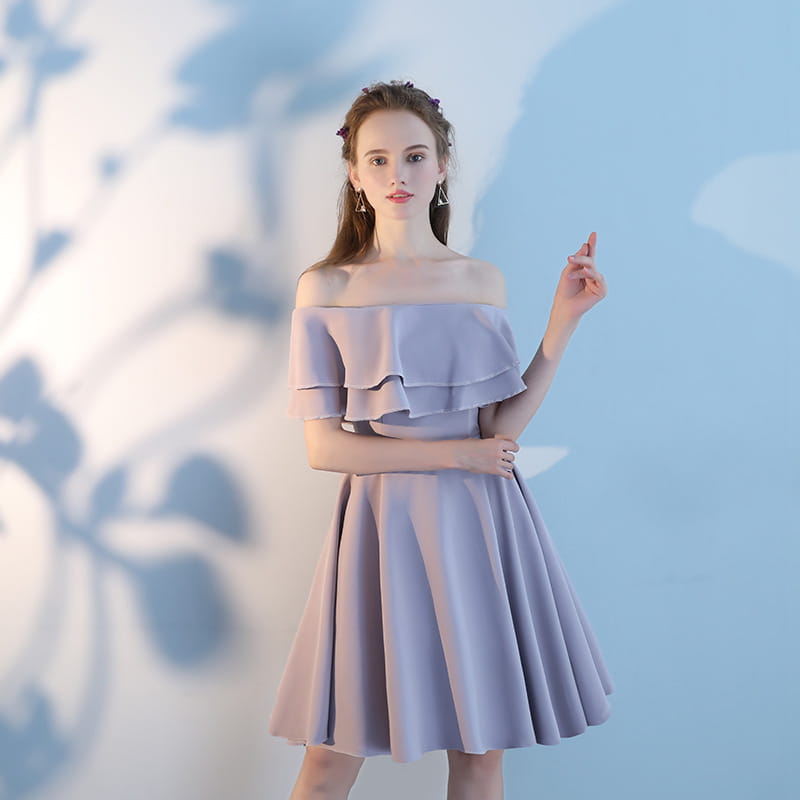 a pink short sisters off shoulder ruffled dress featuring a lavender main fabric with layered ruffles and a flared skirt