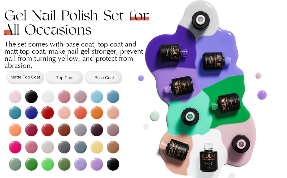 a 38 piece gel polish set featuring 35 vibrant colors in sleek black bottles with gold lettering arranged on an abstract colorful background for a glossy finish polish set