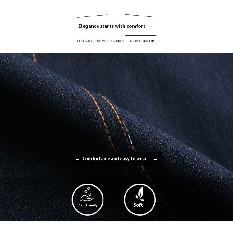 dark blue denim fabric with contrasting gold stitching on an elegance retro casual denim jacket and pants set highlighting retro casual denim style