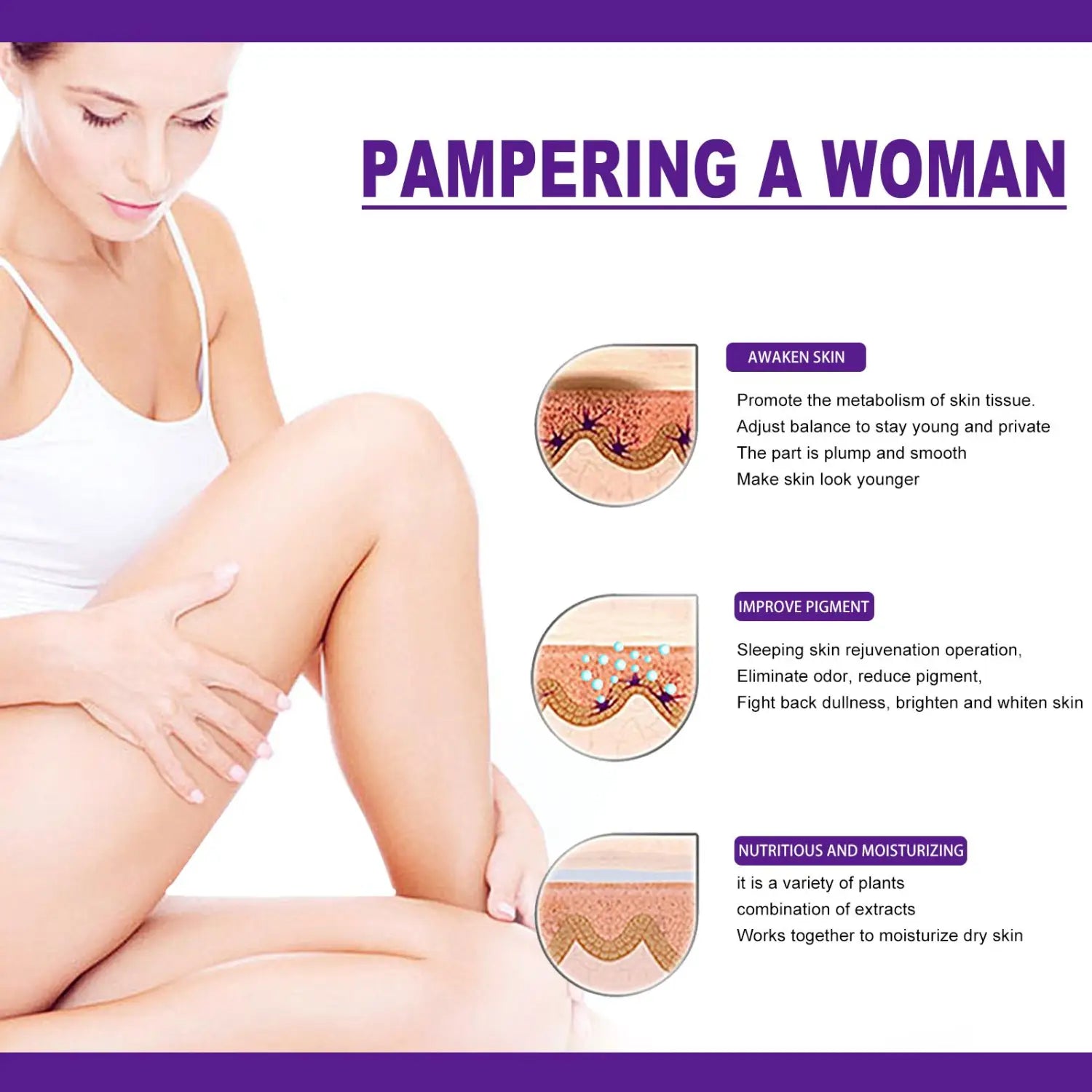 A woman in a white tank top gently resting her hand on her leg illustrates the benefits of eelhoe rejuvenator areola intimate essence for pampering and care of the areola intimate area.