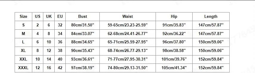 Size chart for a solid color long slimming purple satin evening gown displaying bust waist hip and length measurements in US UK and EU sizes.