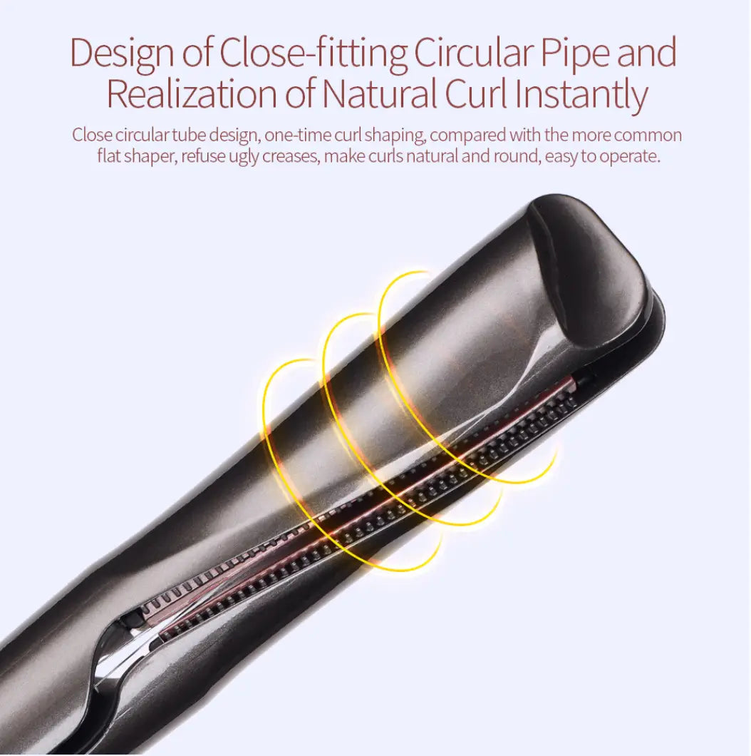 black cylindrical hair curler with metallic heating plates and close-fitting circular pipe design for curly hair care by gold ceramic flat iron