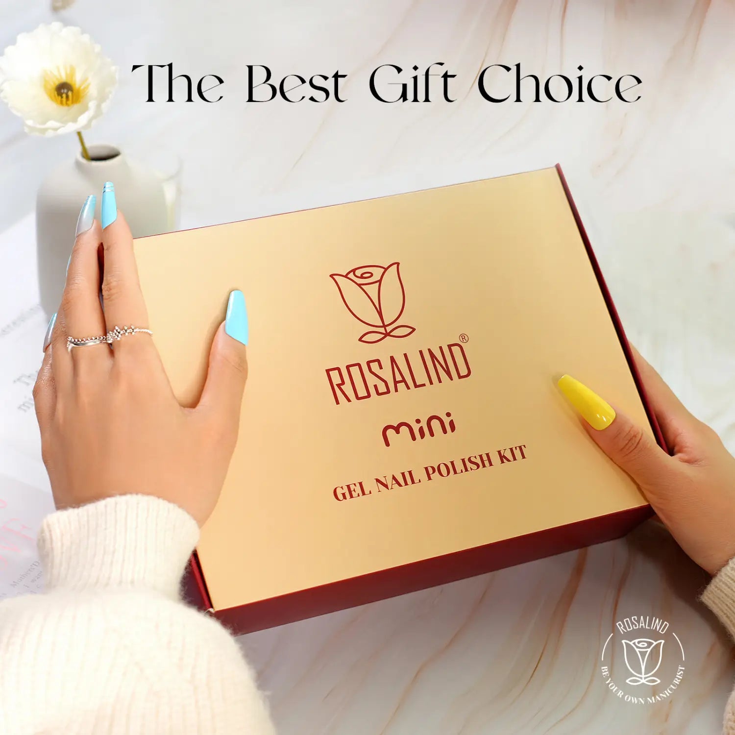 beige and red rosalind mini gel polish set box with rose logo containing a 38 piece gel polish set with 35 colors and glossy finish