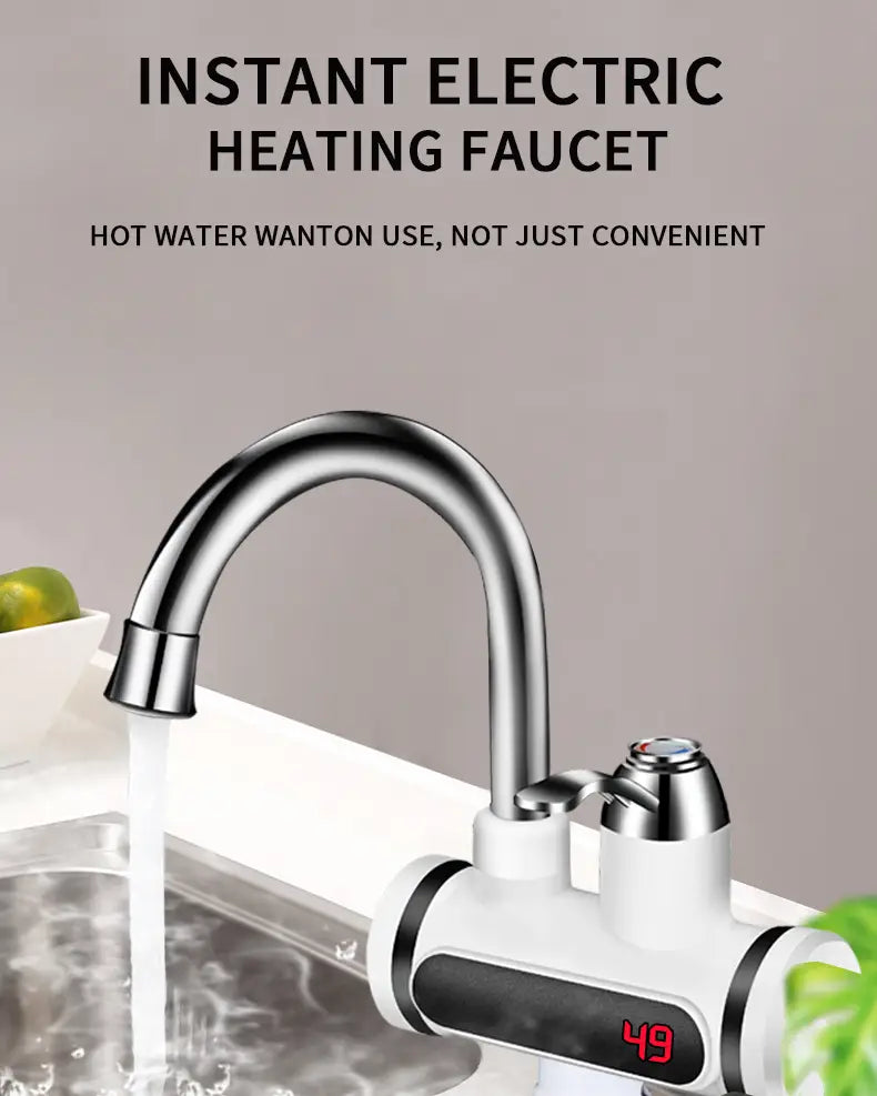 Silver and white kitchen electric water heater with instant electric heating faucet and digital display showing 49 in red