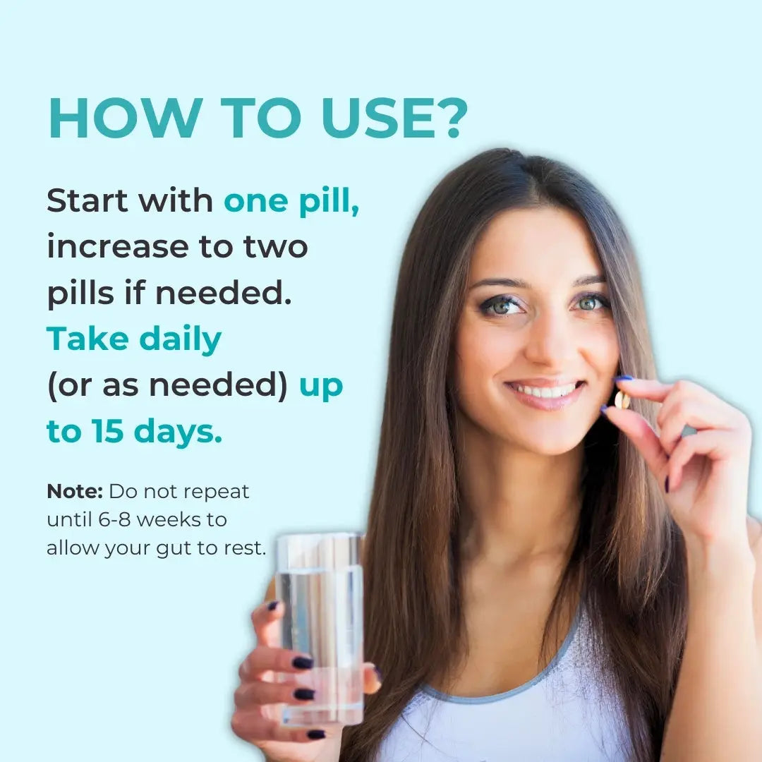A woman holds a clear glass of water in one hand and displays a small golden-colored cleanse capsule in the other for the super colon cleanse capsule 30 count product.