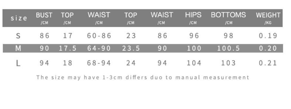 Size chart for women’s zebra printed bikini strappy skirt casual suit showing measurements in centimeters and weight in kilograms for sizes S, M, and L.