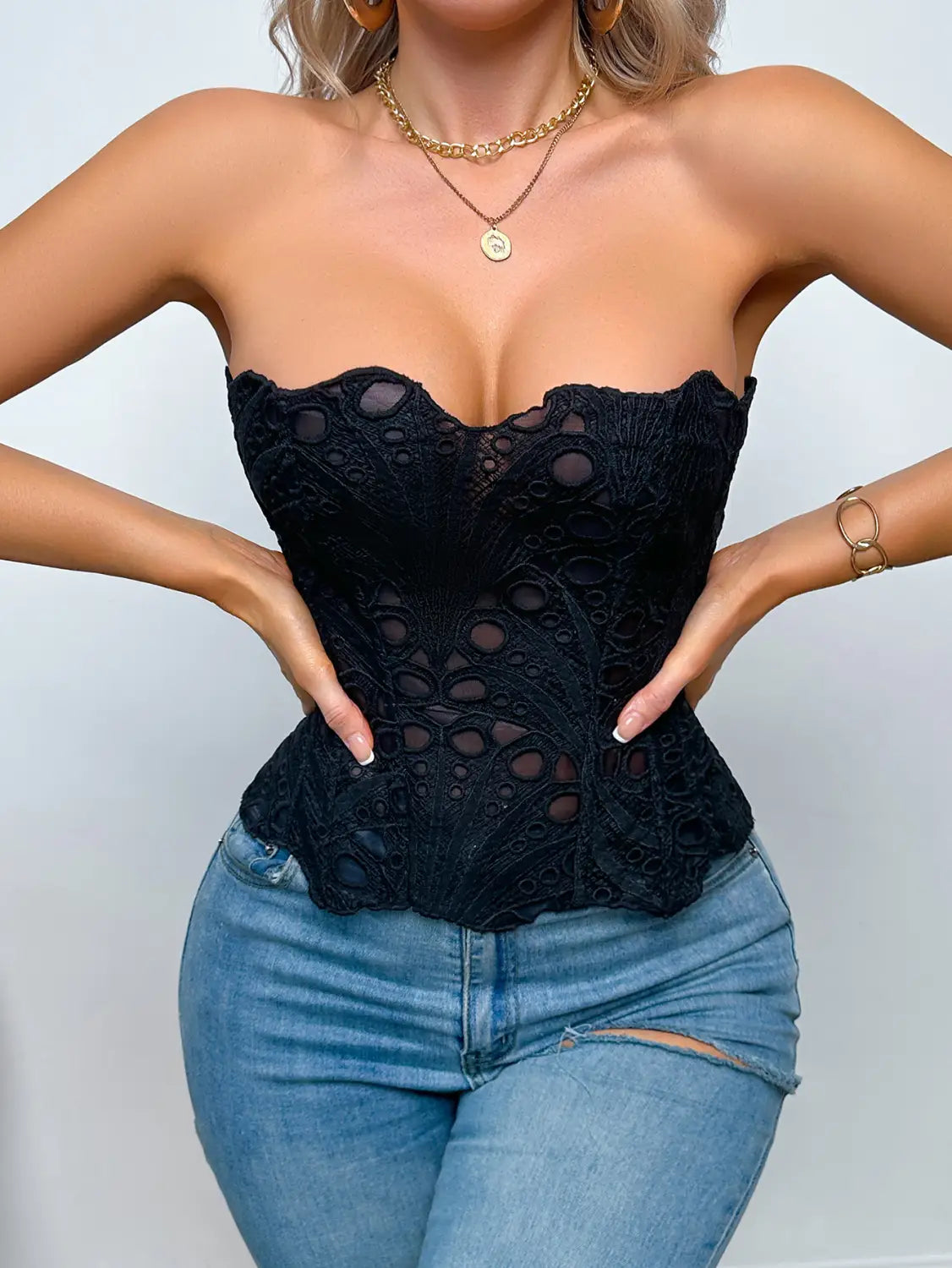Black lace party club corset clothing with intricate floral patterns and a fitted structured design ideal for streetwear party club looks
