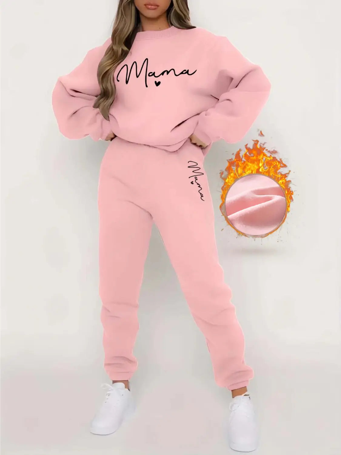 pink mama long sleeve printed fleece jogger set in soft fleece material with cozy flame-illustrated inner lining for casual long sleeve comfort