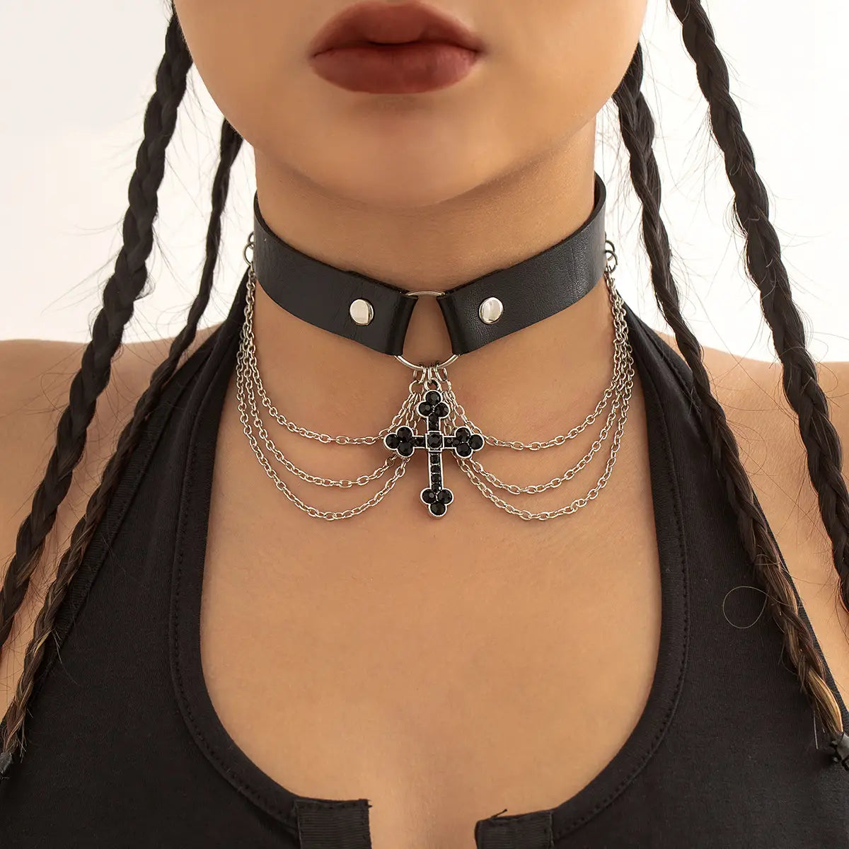 black leather choker alloy necklace cross featuring silver-toned chains and a black cross pendant made from jewelry pu alloy.