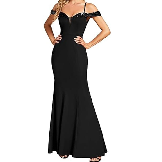 Black off-the-shoulder mermaid gown with sequined straps and a sheer mesh panel at the neckline designed as a sling evening long dress for formal occasions.