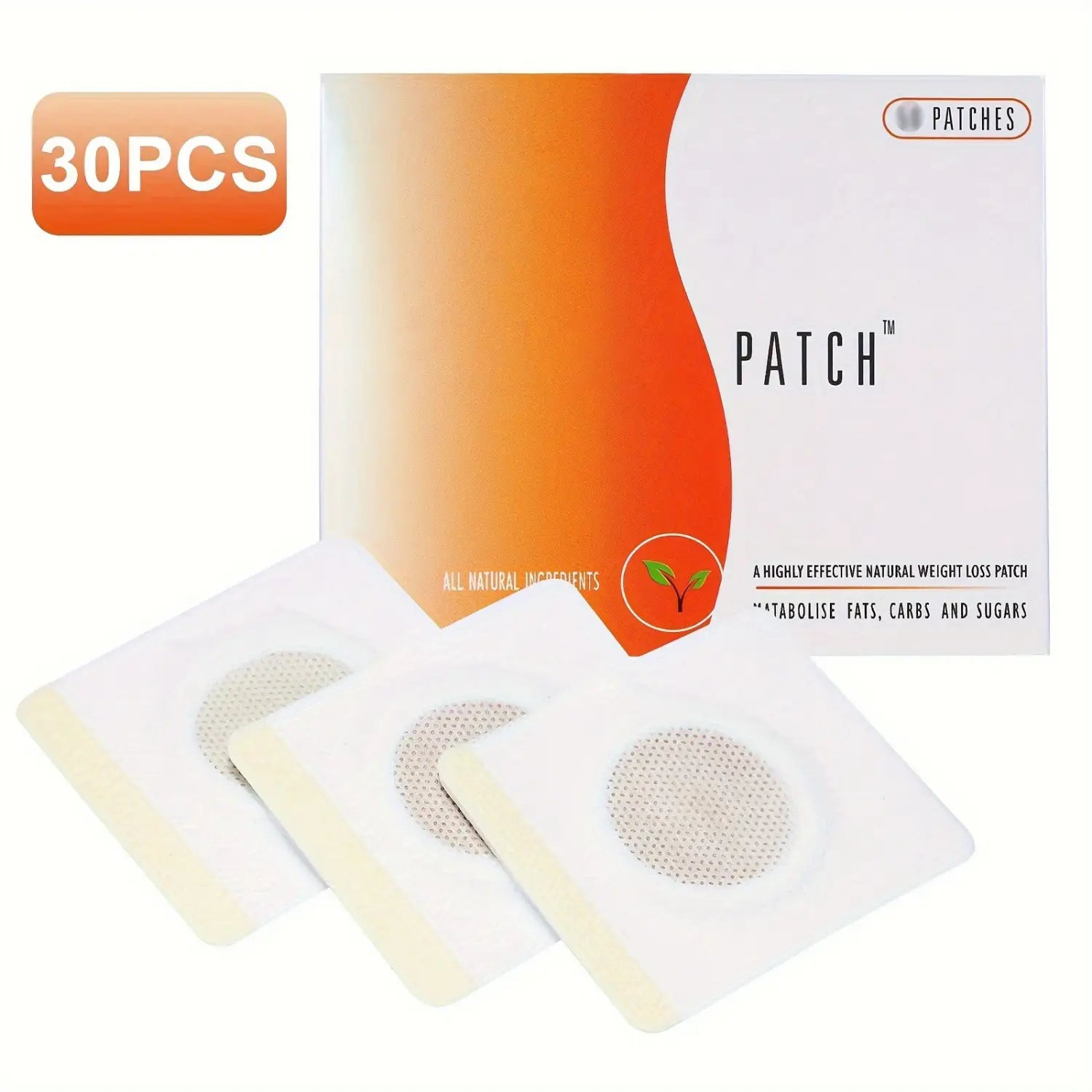 white square-shaped magnetic slimming navel belly button patches with a circular mesh design packaged in an orange and white box labeled 30pcs
