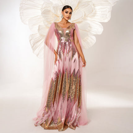 Mesh Long Sleeve V-neck Sequins Large Swing Evening Dress - Royalessencelux